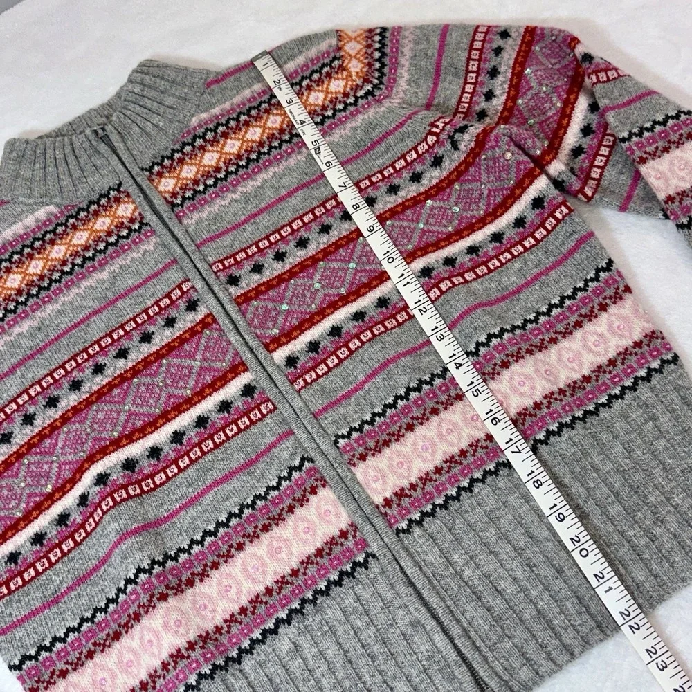 Vtg Context 100% Wool Fair Isle Sweater Sz L Full Zip Beaded Sequined NOS‎